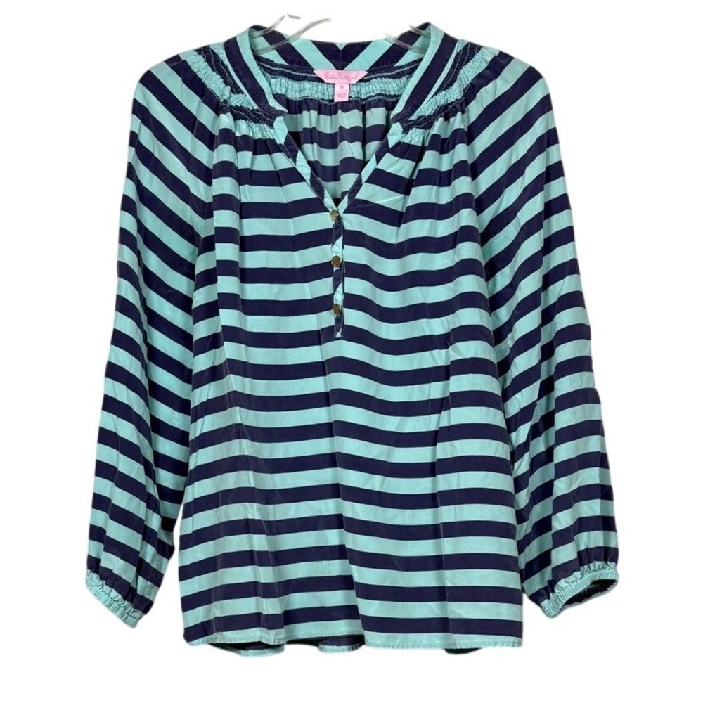 LILLY PULITZER 100% Silk Elsa Blue Striped Quarter Sleeve Blouse, Size Medium